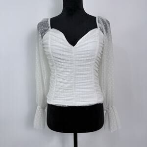 Madi Mase Ivory Mesh Ruched Top Size M Sheer Swiss Dot Puff Sleeve Romantic‎